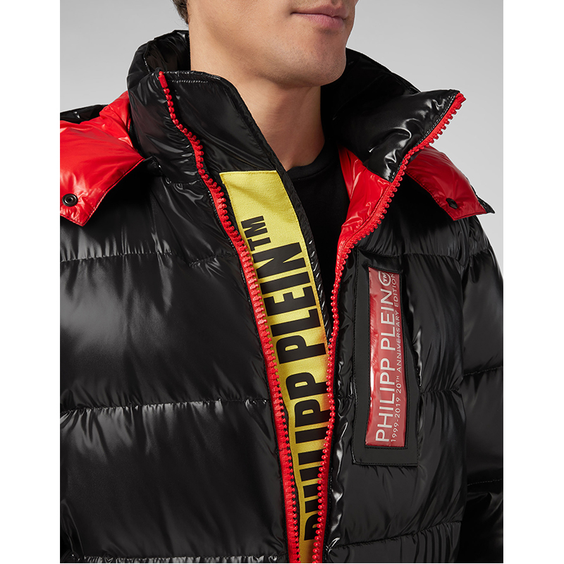 philipp plein/菲利普·普兰 黑色尼龙印花男士中长款羽绒服 a19c mrb