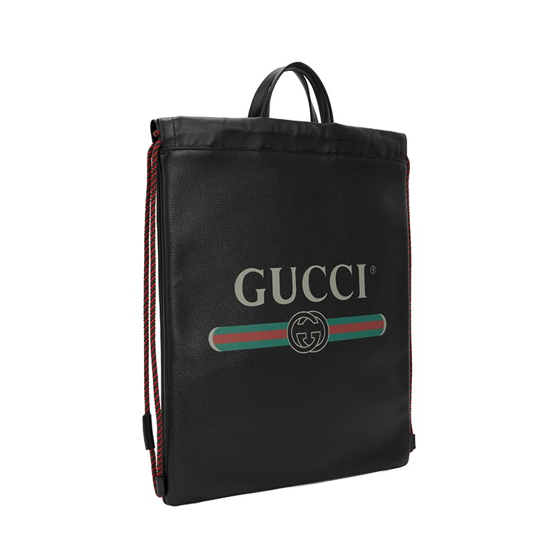 19秋冬新款】gucci/古驰黑色牛皮革材质复古印花设计男士抽绳双肩背包