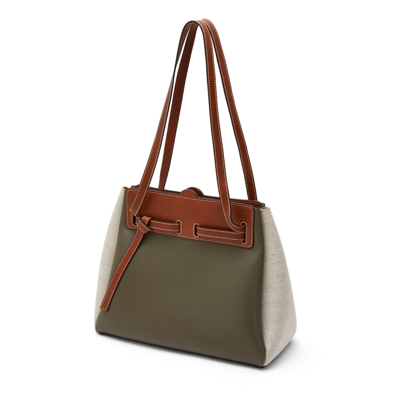 【包邮包税】loewe/罗意威19秋冬新款lazo购物包卡其绿小牛皮拼布面