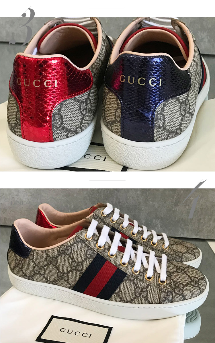 gucci/古驰 女士ace系列 米色/乌木色人造帆布系带休闲运动鞋经典板鞋