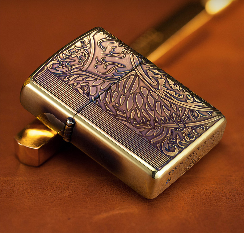 zippo/芝宝正版美国原装进口复古防风煤油打火机 三面刻侧虎头-金 zbt