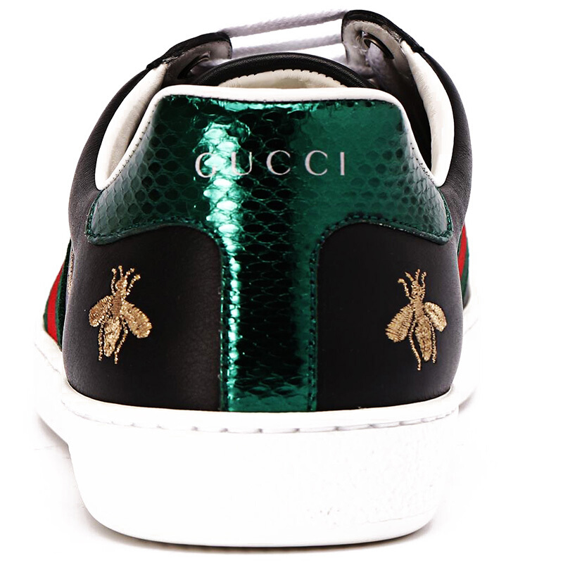 gucci/古驰 男士黑色皮革蜜蜂刺绣系带平底鞋运动鞋 rx1315 386750 a