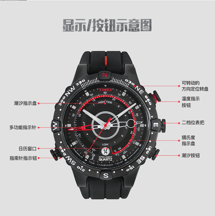 timex/天美时户外运动手表男美国多功能潮汐指南针夜光男表t2n720