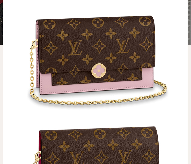 louis vuitton/路易威登 lv女士 帆布包 flore 玫红色老花链条钱包 单