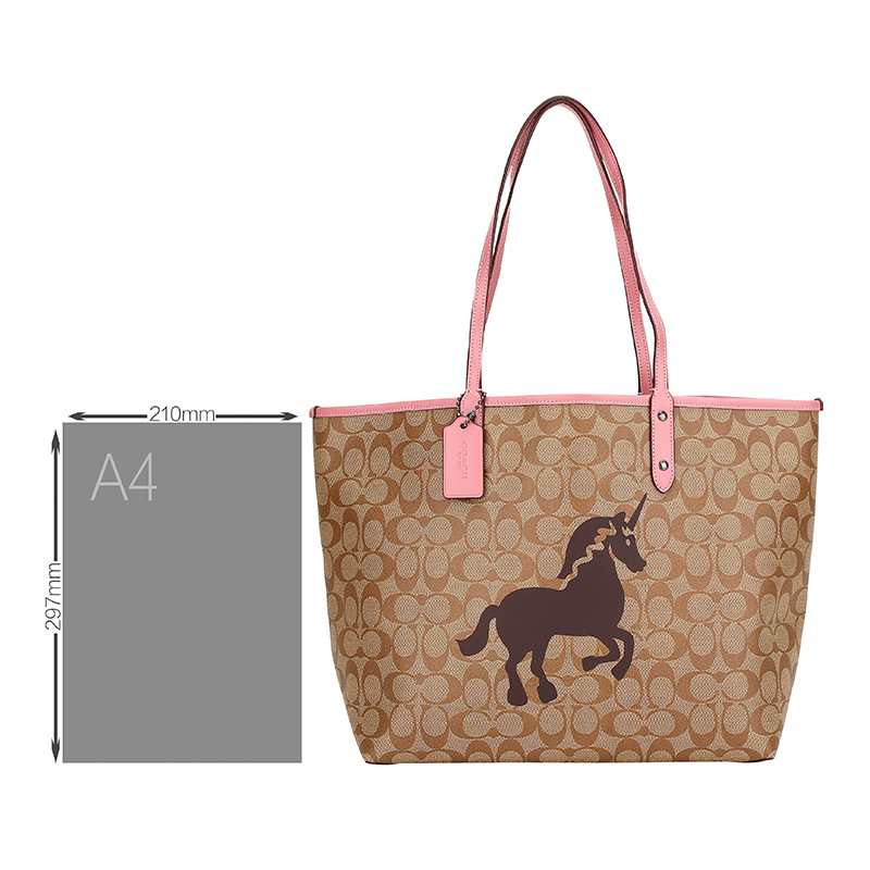 coach/蔻驰19年秋冬新款 女士卡其色马型图案logo人造革手提单肩双面