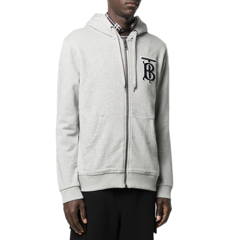 burberry/博柏利男装 品牌tb专属标识男士灰色棉质拉链长袖连帽卫衣