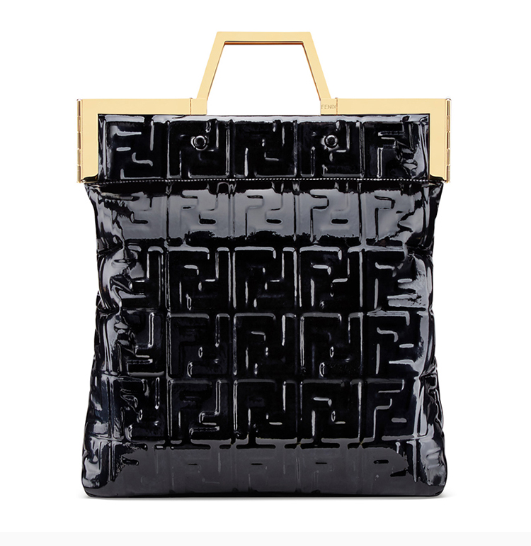 fendi/芬迪 女士黑色乙烯基经典logo压花纹理购物袋手提包