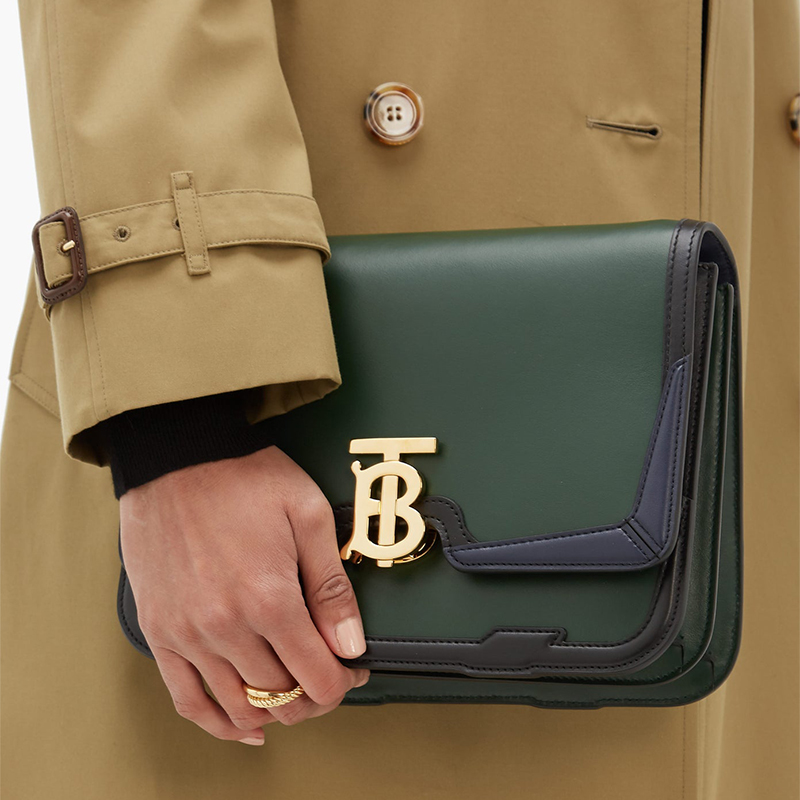 【包邮包税】burberry/博柏利 monogram tb系列 黑色拼接绿色皮革单肩