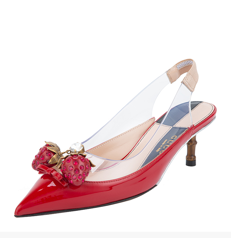 gucci/古驰 【20春夏新款】ss20 女士皮质草莓装饰尖头细跟凉鞋高跟鞋
