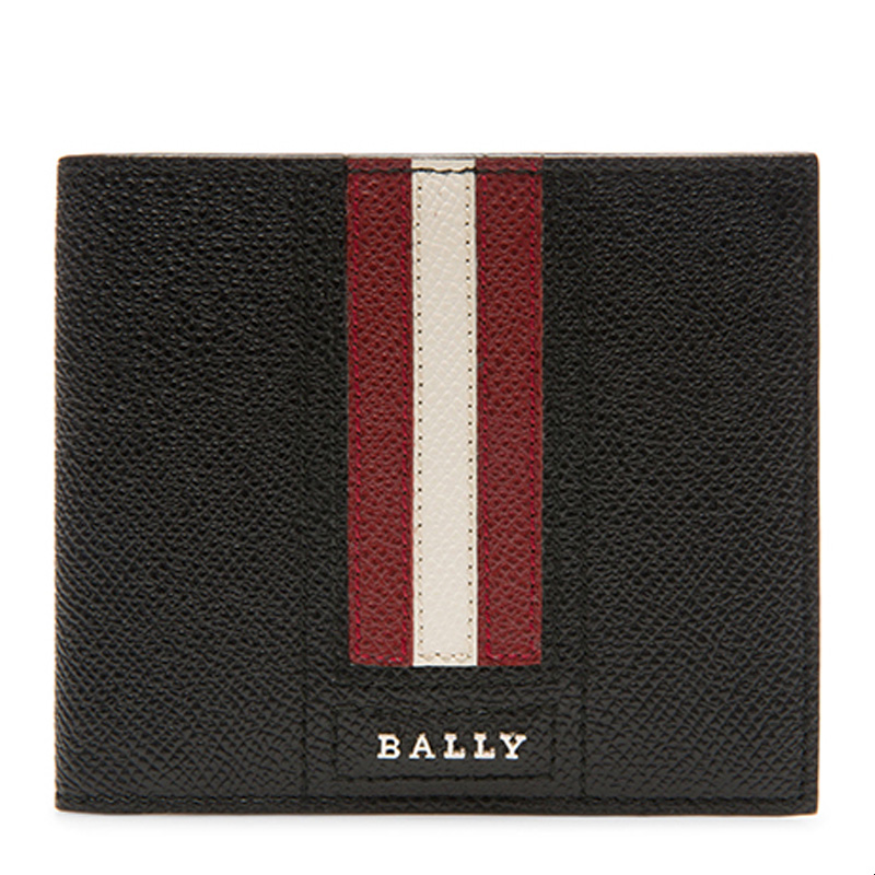 bally/巴利 19秋冬 男士黑色牛皮红白条纹短款折叠钱夹钱包