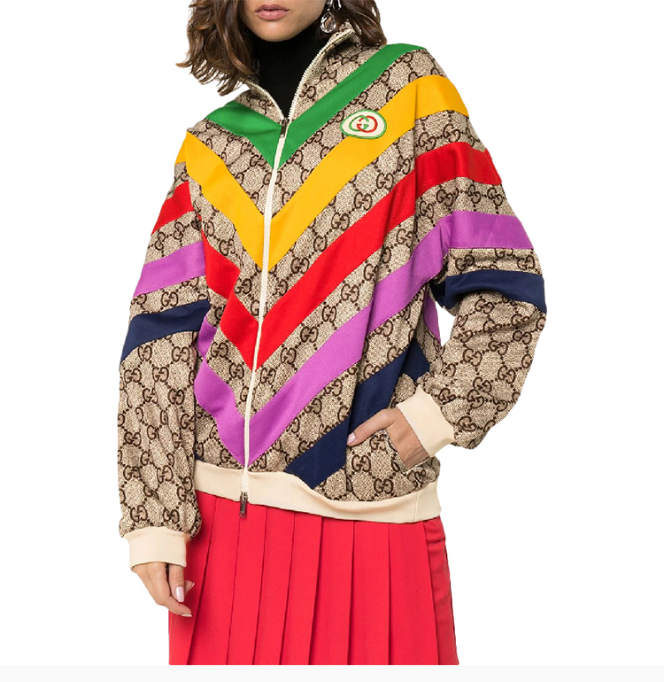 古驰 19秋冬 女士卡其多色聚酯纤维五彩条纹双g印花装饰时尚外套夹克