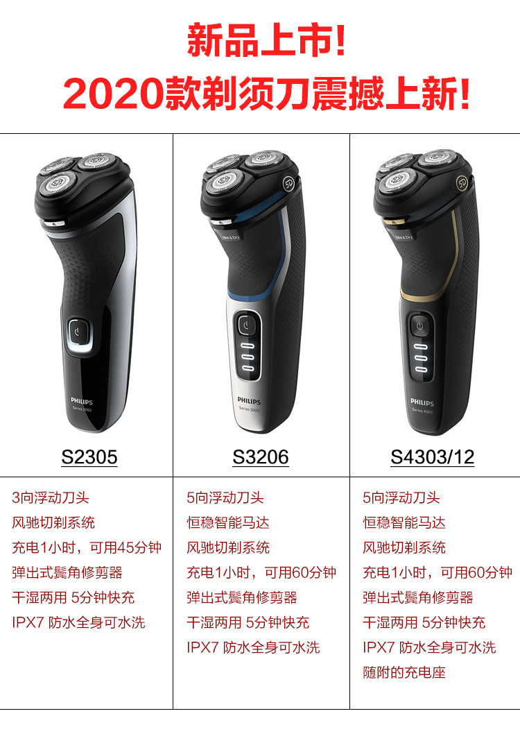 philips/飞利浦 电动剃须刀s3206 男士三头刮胡刀快充水洗胡须刀