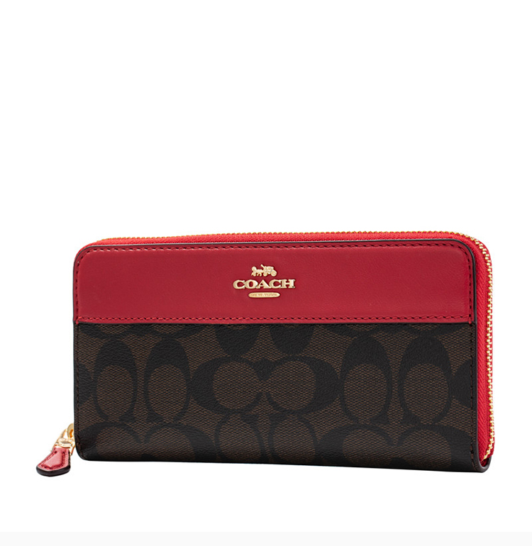coach/蔻驰 【20春夏新款】女士咖色拼红色经典老花logo标志长款拉链