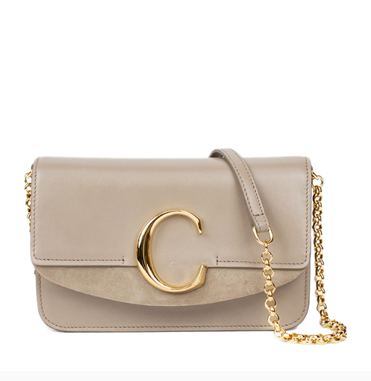 chloe/克洛伊 c bag系列 20春夏 女士沙灰色小牛皮金属logo链条包单肩