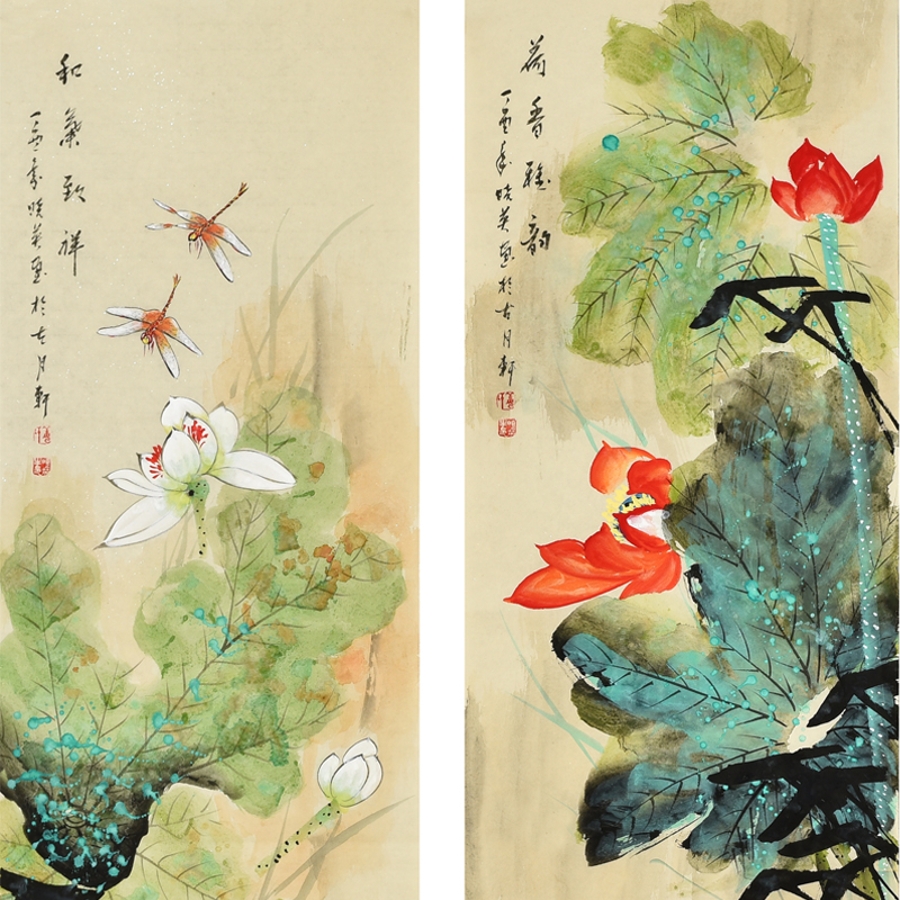 秒杀-订制 姜晓英《荷花四条屏/33x132cm x4件/传统水墨