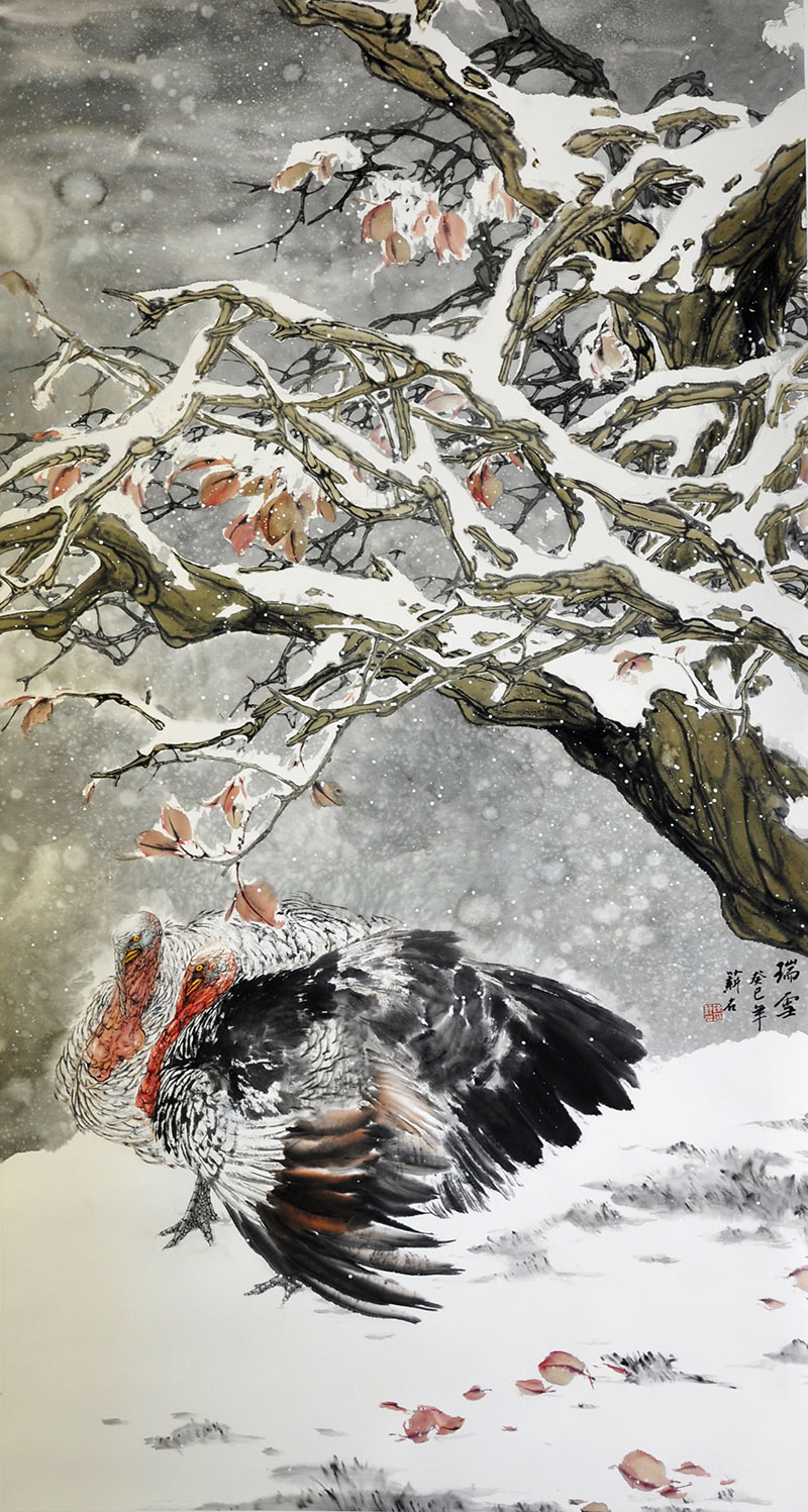 订制/中国美术家协会会员 陈薪名冰雪花鸟国画《瑞雪/68x136cm/传统