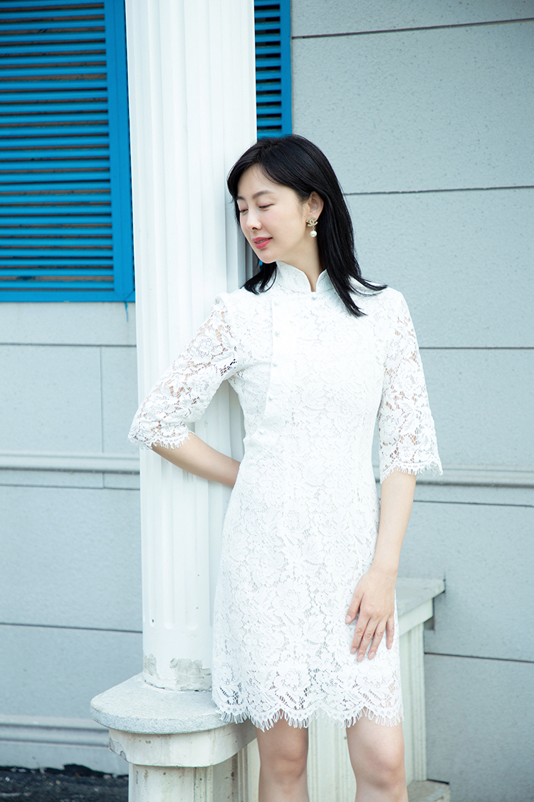tracy chu/tracy chu朱熙越 夏季新款白色蕾丝新中式女士连衣裙