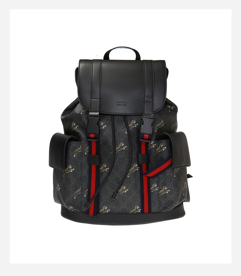 【20春夏新品】gucci/古驰 男士双g老虎印花帆布双肩包旅行包 黑色