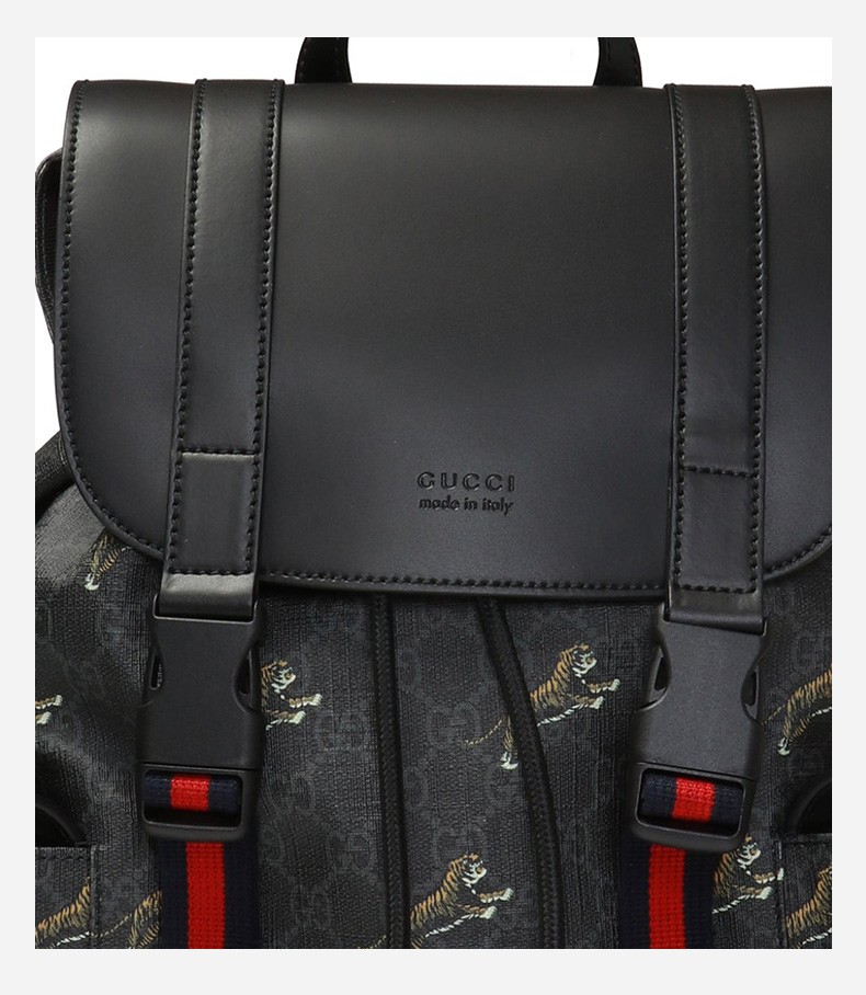 【20春夏新品】gucci/古驰 男士双g老虎印花帆布双肩包旅行包 黑色