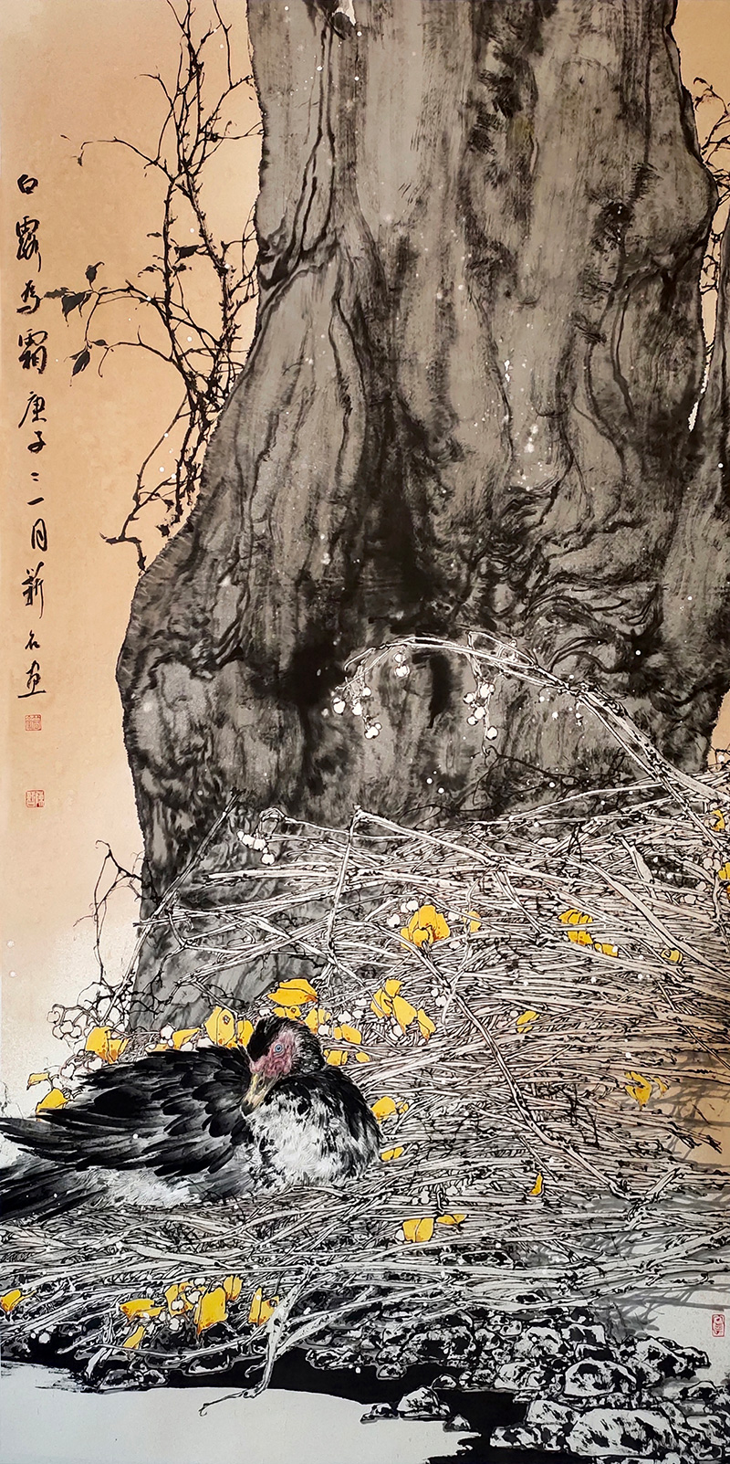 订制/中国美术家协会会员陈薪名冰雪花鸟国画《白露为霜/69x138cm