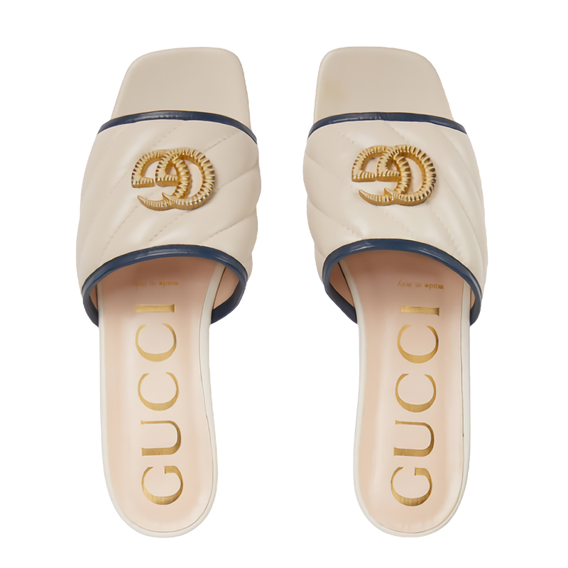 【包税】gucci/古驰 女士白色斜ted缝皮革纹理双g深蓝皮革饰边穆勒鞋