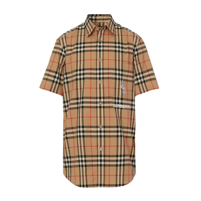 Burberry衬衫,burberry衬衫真假辨别 burberry/博柏利 男士驼色棉质斑马装饰格纹衬衫短袖 8032249
