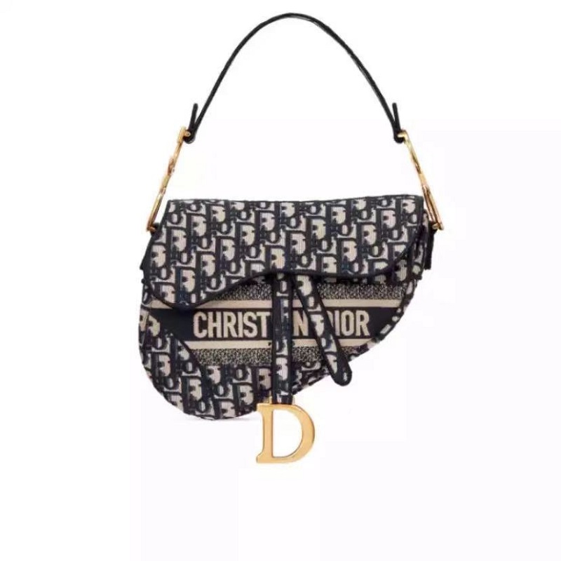 dior/迪奥 蓝色saddle马鞍包帆布中号刺绣单肩包手提包 【99新未使用