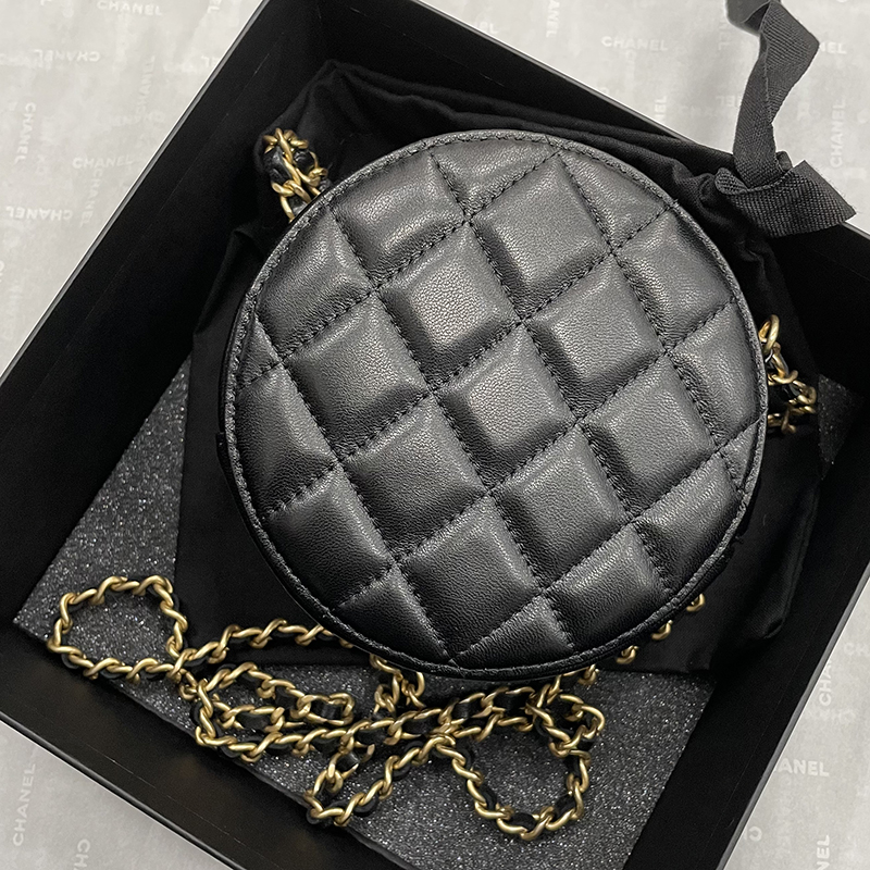 【包税】现货 chanel/香奈儿 经典金珠系列 黑色小羊皮圆饼金色双c