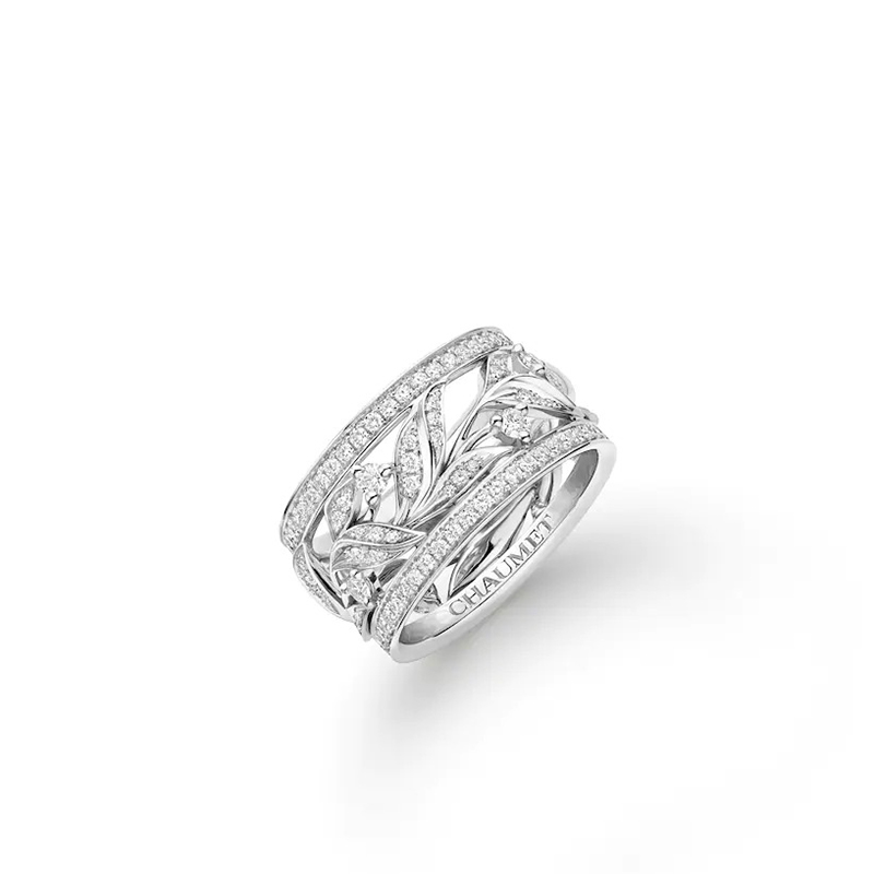 au750白金戒指,金au750钻石戒指 chaumet/尚美 戒指/指环 laurier系列 女士18k金白金满钻镶有多颗明亮