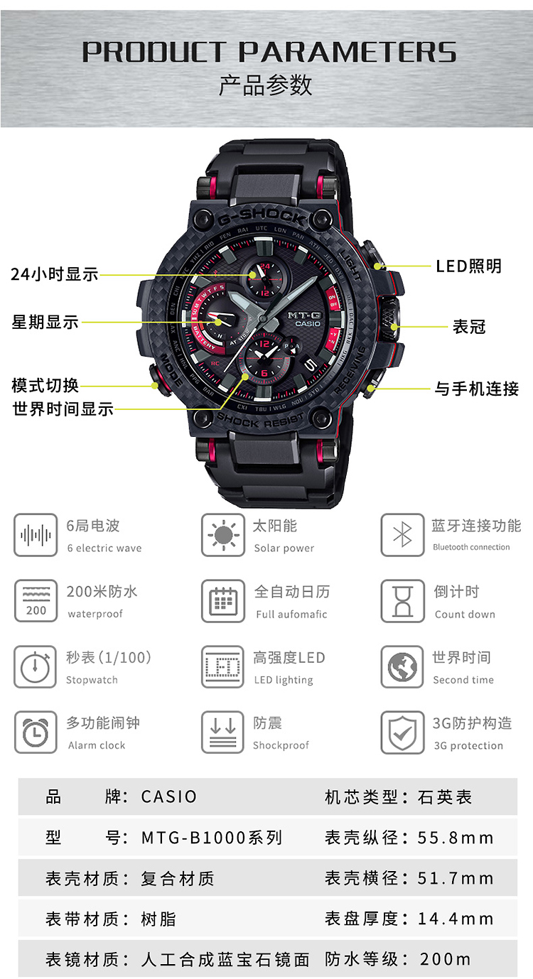 casio/卡西欧 g-shock系列太阳能电波六局蓝牙功能防水男表mtg-b1000