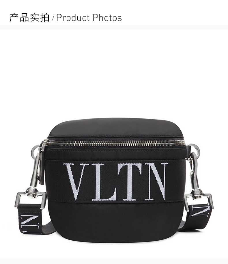valentino/华伦天奴 男士黑色尼龙配皮经典字母徽标印花铆钉装饰拉链