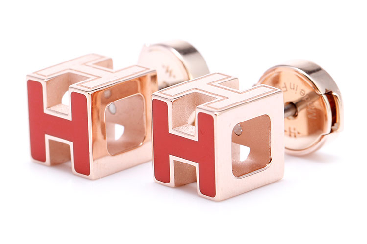 hermes(爱马仕) 红色珐琅方形玫瑰金色h扣耳钉