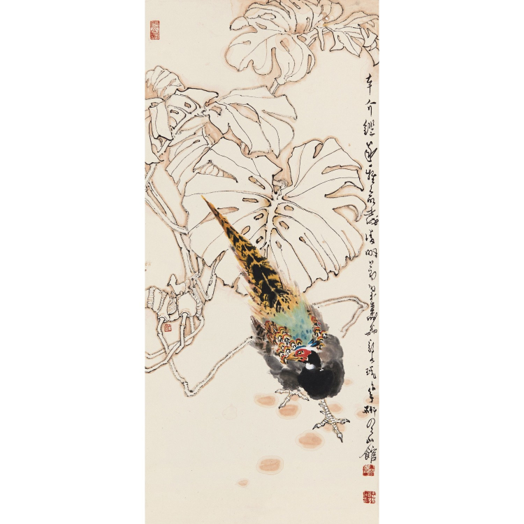 郑乃珖《龟背锦鸡图》国画 设色纸本 立轴