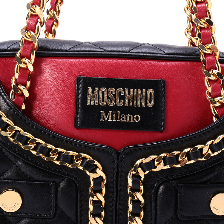 moschino couture 女士黑红拼色100%羊皮链条单肩包