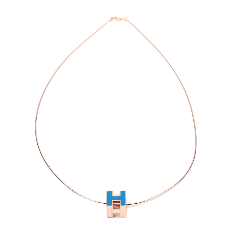 hermes/爱马仕 蓝色珐琅正方形玫瑰金色链h扣项链