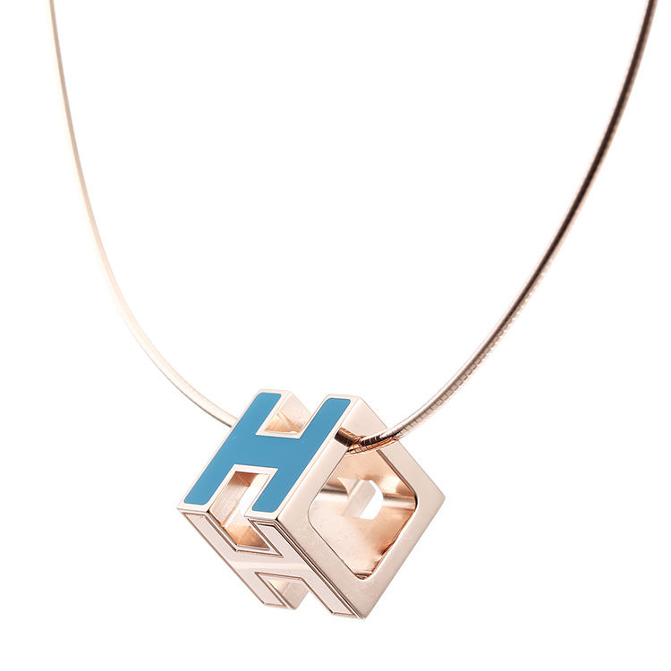 hermes/爱马仕 蓝色珐琅正方形玫瑰金色链h扣项链