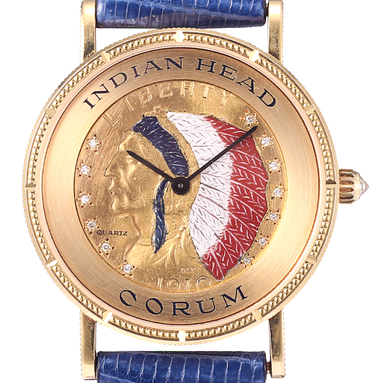 corum(昆仑) indian head 18k黄金金币男士石英腕表