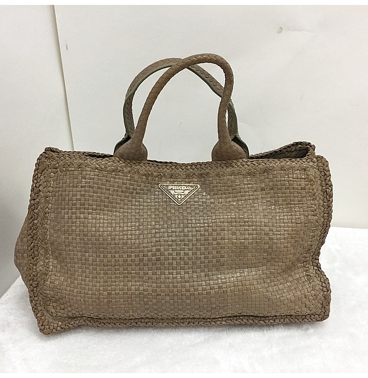 prada(普拉达) 棕色手工编织女士手提袋
