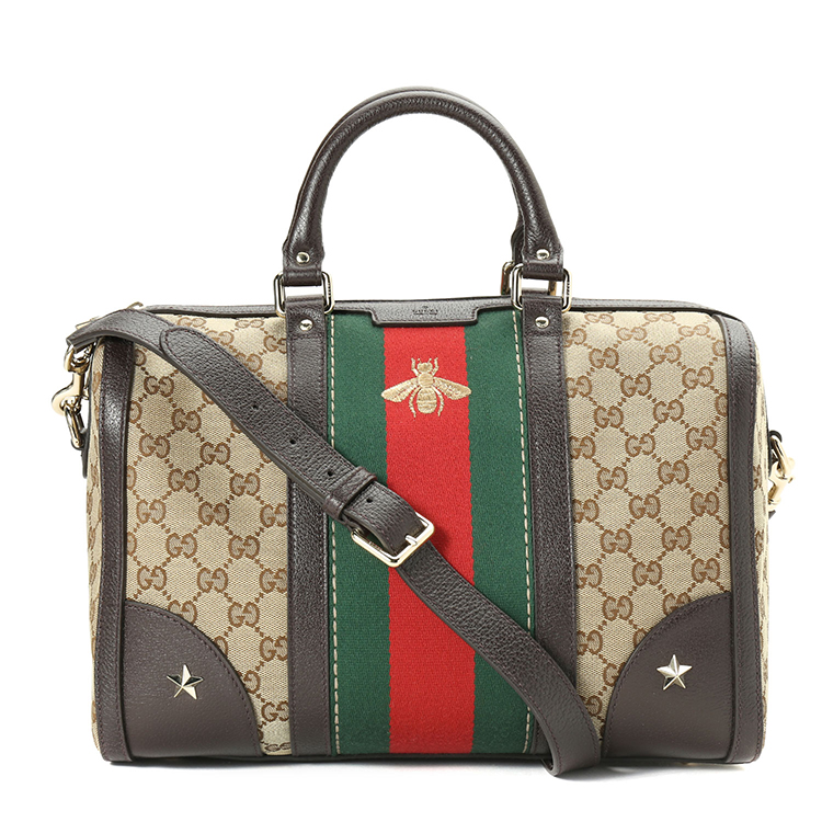 gucci(古驰) 卡其色帆布经典logo图案蜜蜂刺绣手提单肩两用包