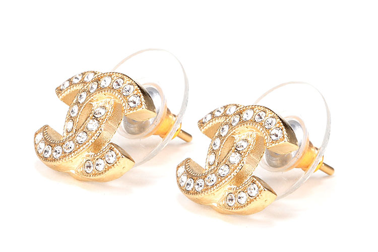 chanel(香奈儿#浅金色经典logo双c白色水钻装饰耳钉