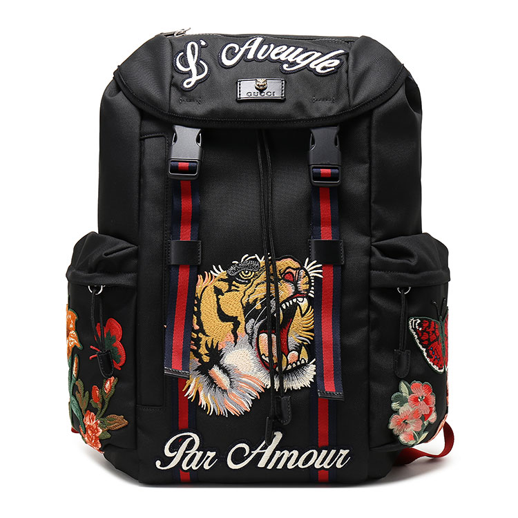 GUCCI(古驰) 黑色帆布老虎刺绣双肩包