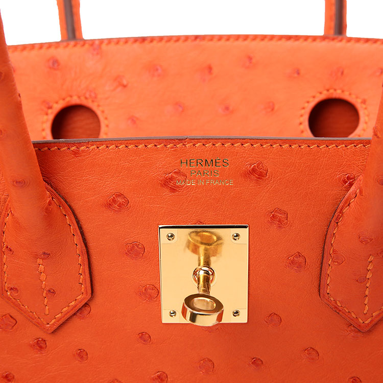 hermes(爱马仕) 橘色鸵鸟皮金扣手提包birkin30