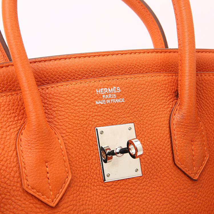 hermes(爱马仕) 橘色银扣皮质手提包birkin35 ch