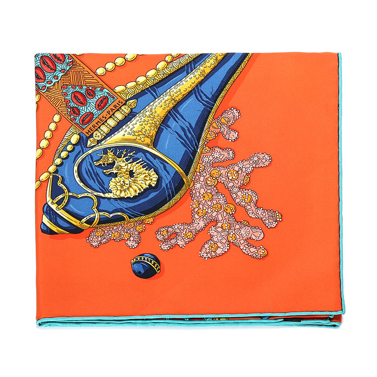 hermes(爱马仕 橘色蓝边印花丝巾 90 ch