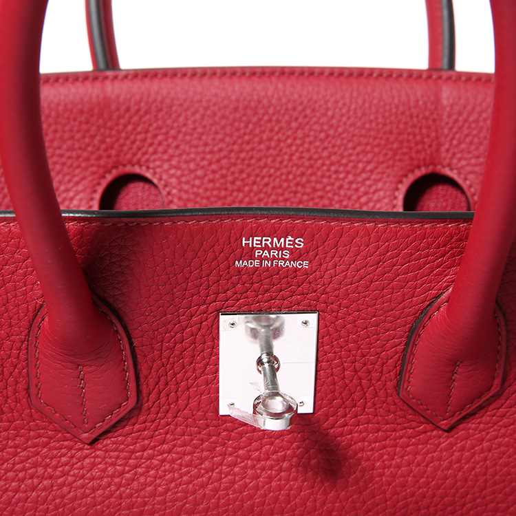 hermes(爱马仕)深红色皮质银扣手提包birkin35