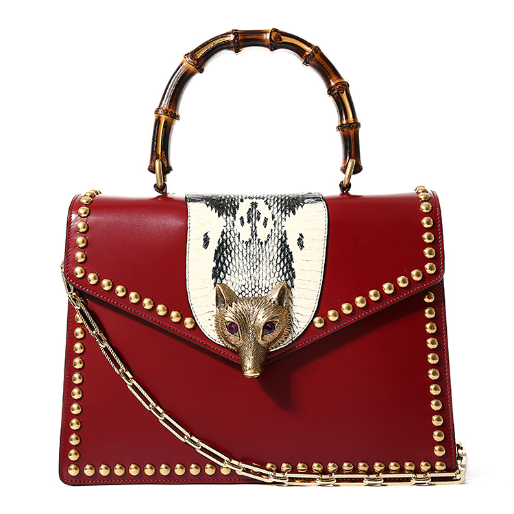 GUCCI(古驰) 限量红色皮质竹节\/蛇纹动物标志两用包