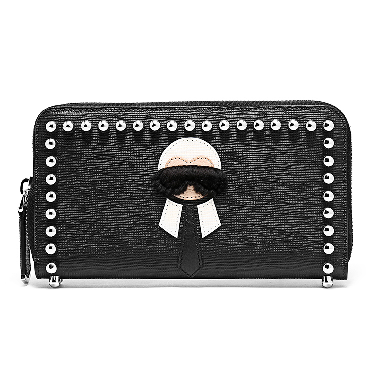 FENDI(芬迪) 黑色柳钉装饰老佛爷长款拉链钱夹