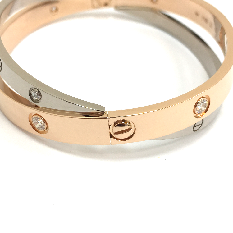 cartier(卡地亚) love系列18k玫瑰金/白金镶钻双环手镯17