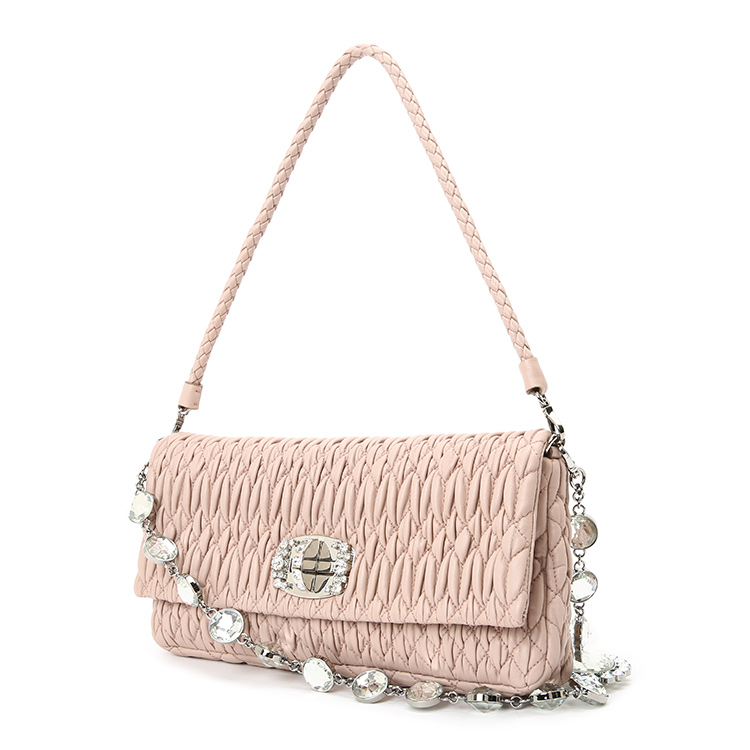 miumiu(缪缪) 裸色皮质褶皱皮质饰水钻单肩包
