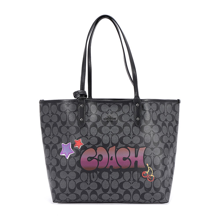 coach(蔻驰) 女士灰黑色pvclogo涂鸦印花母子托特包单肩包